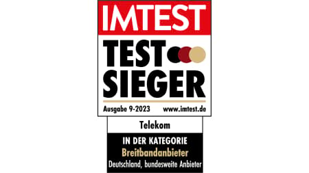 Testsiegel Imtest, Testsieger Telekom, Kategorie Breitbandanbieter, Ausgabe 9-2023