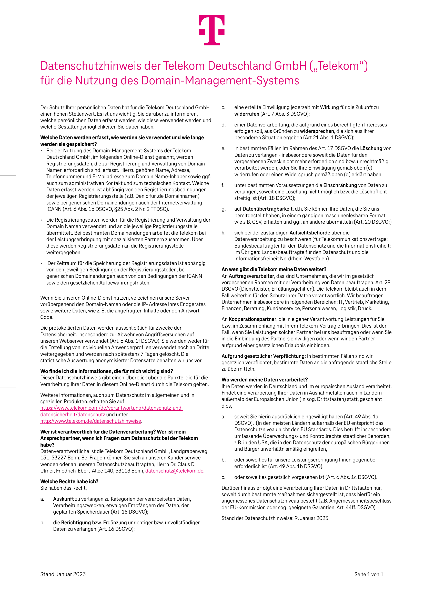 Telekom Datenschutzhinweise PDF Dokument