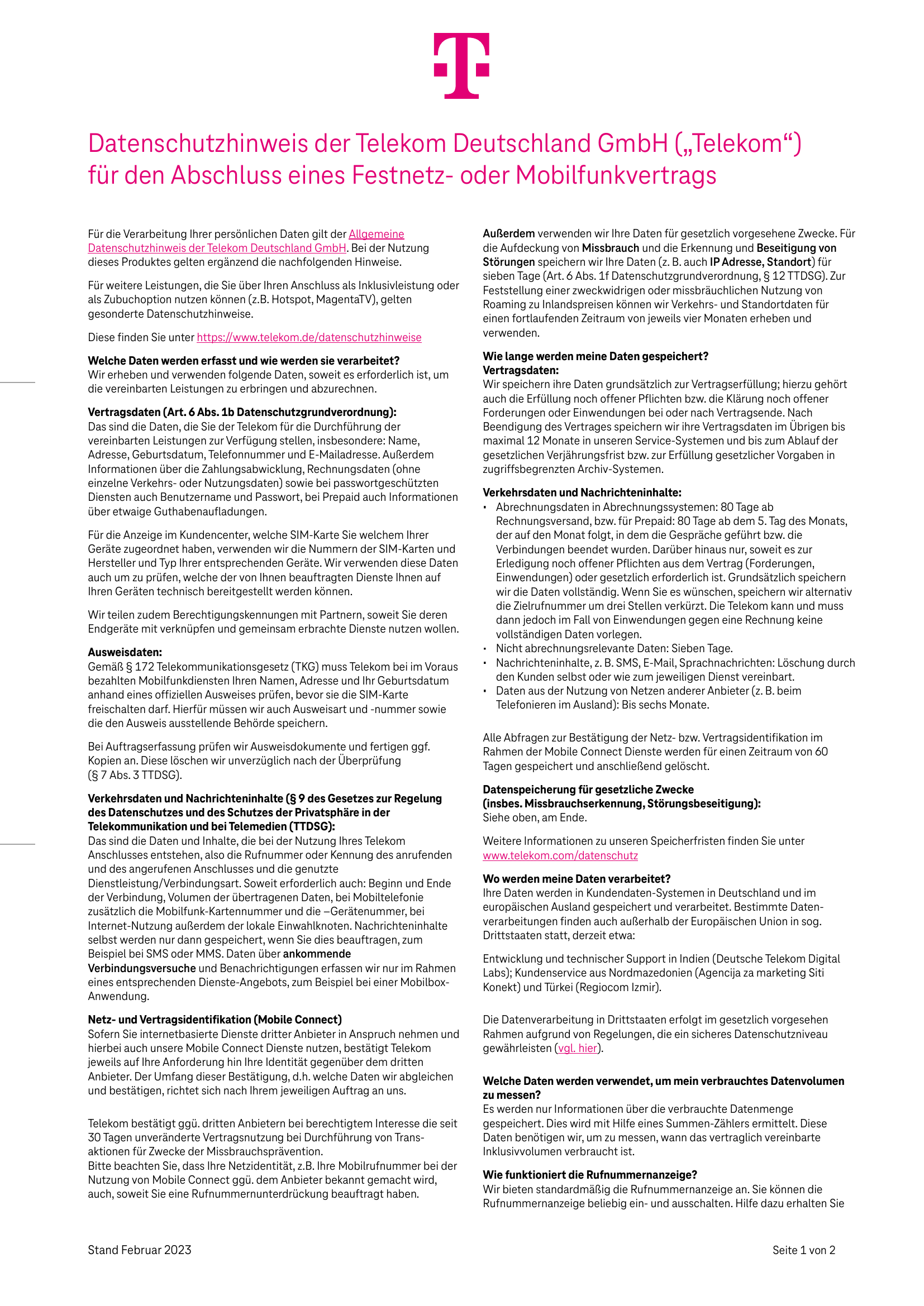 Telekom Datenschutzhinweise PDF Dokument