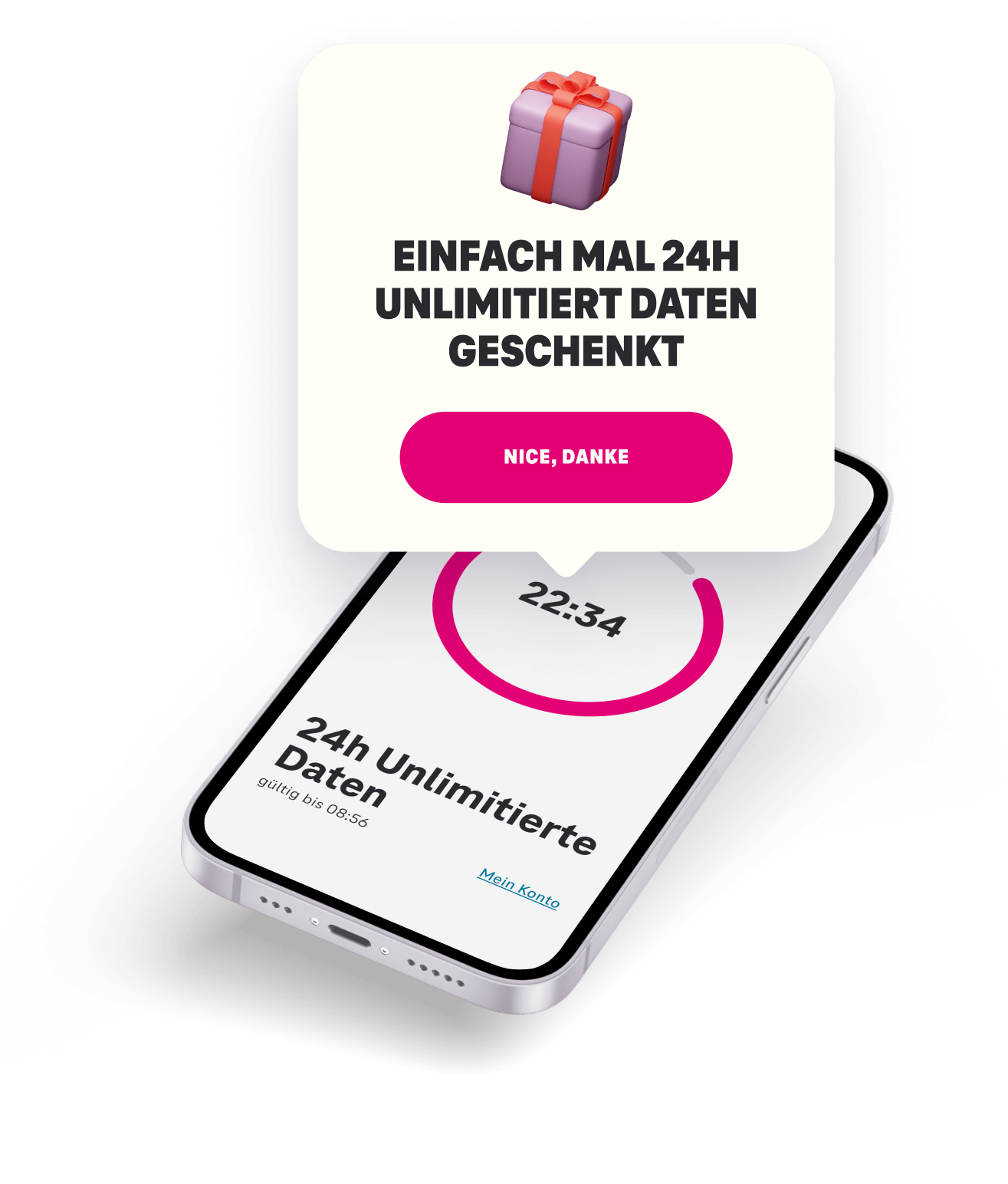 Pop-Up auf einem Smartphone informiert über 24 Stunden unlimitierte Daten geschenkt