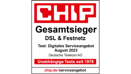 Testsiegel Chip Gesamtsieger DSL & Festnetz, Test Digitales Serviceangebot, August 2023, Deutsche Telekom AG