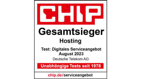 Testsiegel Chip Gesamtsieger Hosting, Test Digitales Serviceangebot, August 2023, Deutsche Telekom AG