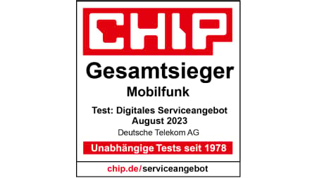 Testsiegel Chip Gesamtsieger Mobilfunk, Test Digitales Serviceangebot, August 2023, Deutsche Telekom AG