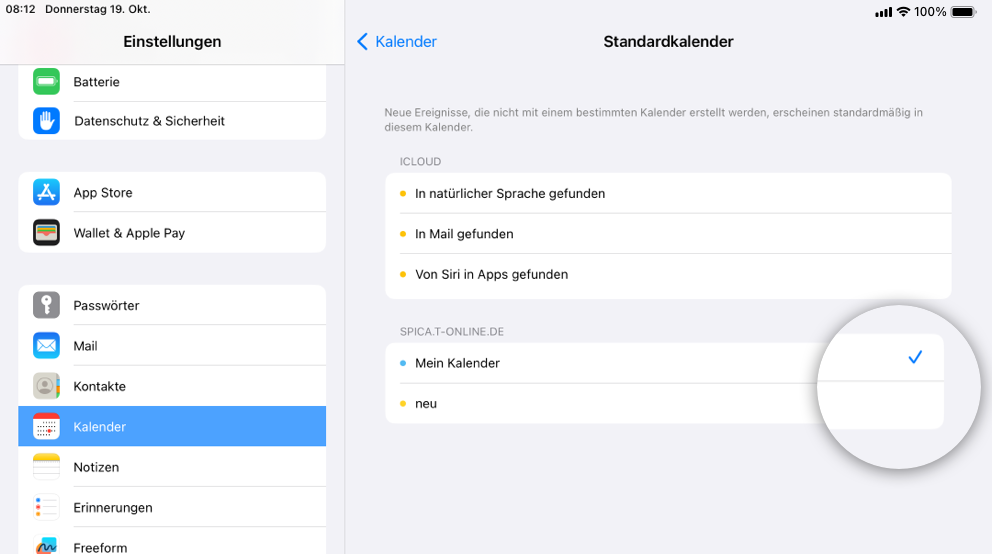 Sicherstellen, dass unter "SPICA.T-ONLINE.DE" ein Kalender aktiviert ist.