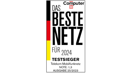 Testsiegel Computer BILD, Das beste Netz für 2024, Testsieger, Telekom Mobilfunknetz, Note 1,3, Ausgabe 25/2023