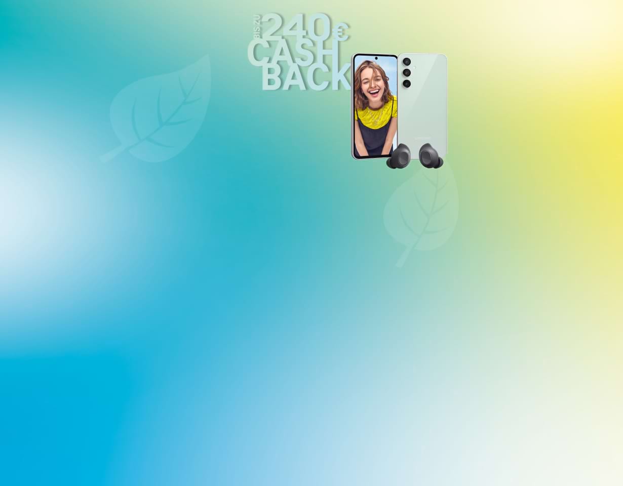 Cashback Schriftzug mit dem Samsung Galaxy S23 FE und Galaxy FE Buds neben dran.