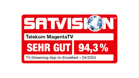 Testsiegel SATVISION, Telekom MagentaTV, Sehr gut, 94,3 %, TV-Streaming-App im Einzeltest 04/2024