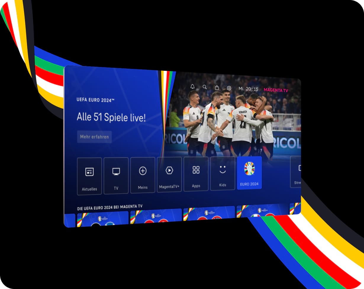 Fernsehbildschirm mit MagentaTV UI für UEFA Euro 2024 Übertragung
