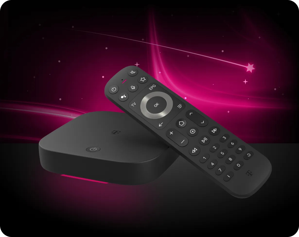 MagentaTV One Streaming Box auf schwarzem Hintergrund