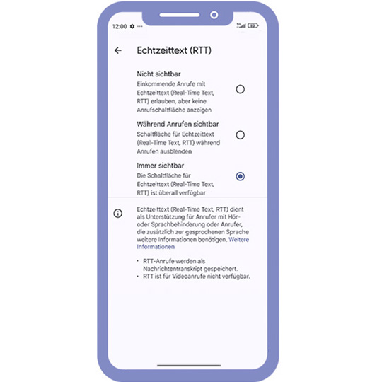 Beispielbild Android: Auswahl Sichtbarkeit von Real-Time Text