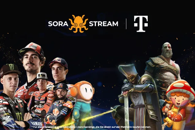 Eine Mischung aus MotoGP-Fahrern und bekannten Videospielcharakteren wie einem Fall Guys-Charakter, Kratos aus God of War, einem Ritter mit Schwert und einer Toad-ähnlichen Figur. Oben sind die Logos von Sora Stream und der Telekom zu sehen. Unten steht der Hinweis: „Für diese Spiele wird eine zusätzliche Lizenz benötigt, die Sie direkt auf der Plattform kaufen müssen.