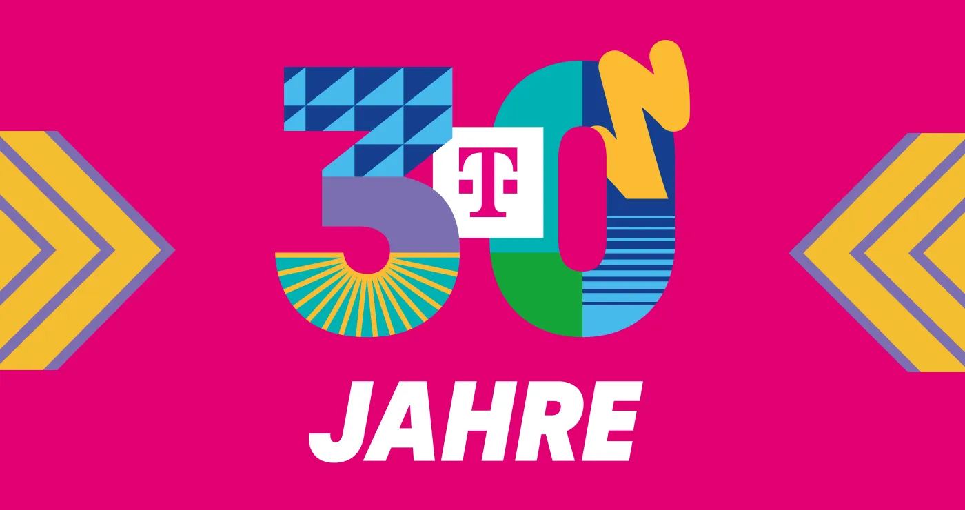 Eine bunte 30 auf magentafarbenem Hintergrund zum Anlass des 30. Geburtstags der Telekom