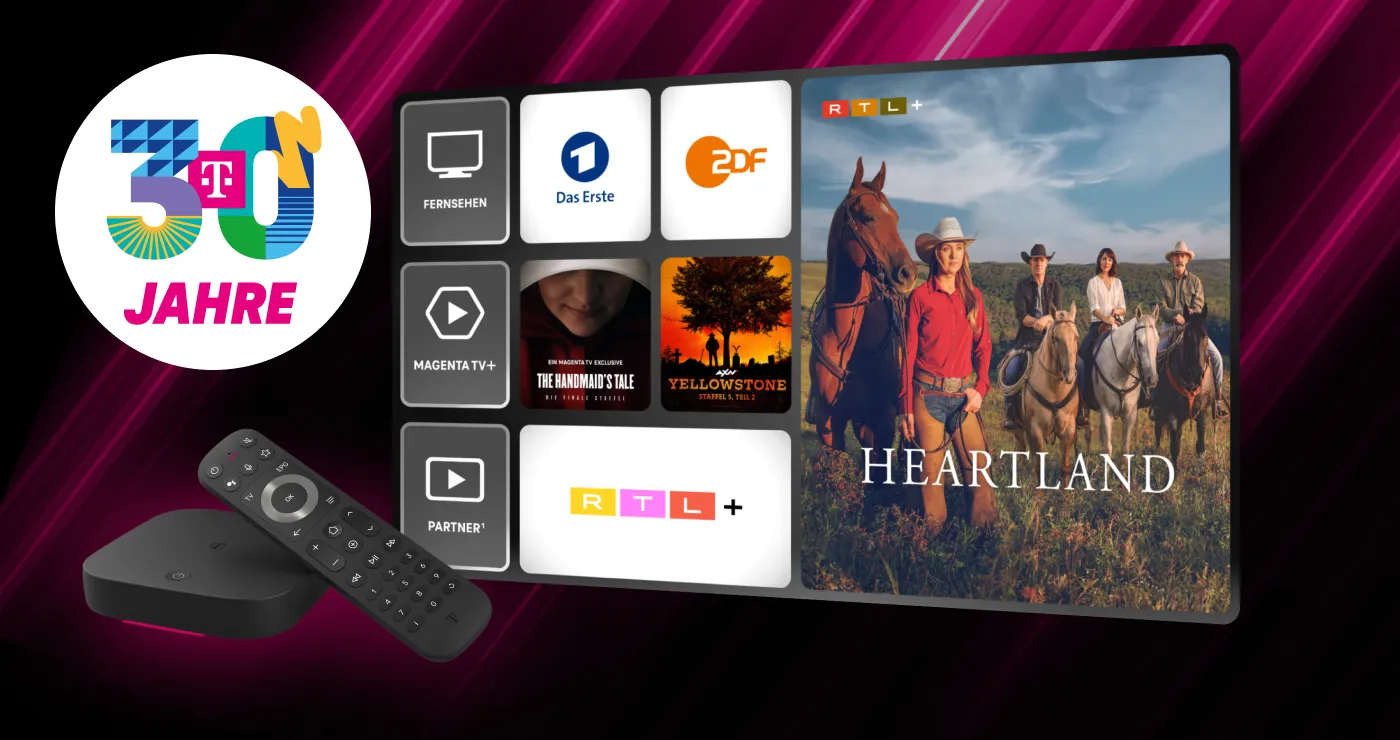 Bildschirm mit MagentaTV Smart Inhalten und Inhalten von Streaming-Partnern. Im Fokus ist die Serie Heartland von RTL+. Neben dem Bildschirm ist das 30 Jahre Telekom Aktionslogo und eine MagentaTV One Streamingbox mit Fernbedienung.