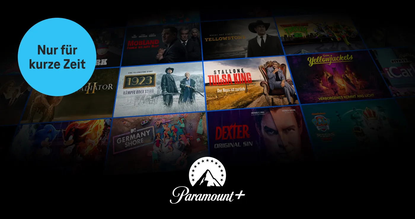 Diverse Paramount+ Inhalte im Hintergrund, Paramount+ Logo im Vordergrund; oben links ist ein Störer mit der Info Nur für kurze Zeit