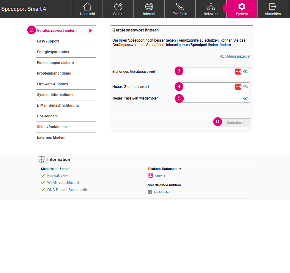 Screenshot des Konfigurationsmenüs Speedport Smart 4 für Einstellungen des Gerätepassworts