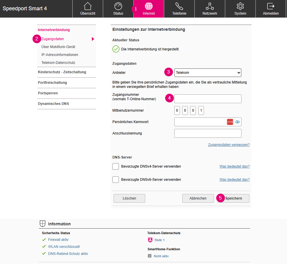 Screenshot des Konfigurationsmenüs Speedport Smart 4 für Einstellungen der Internet-Zugangsdaten
