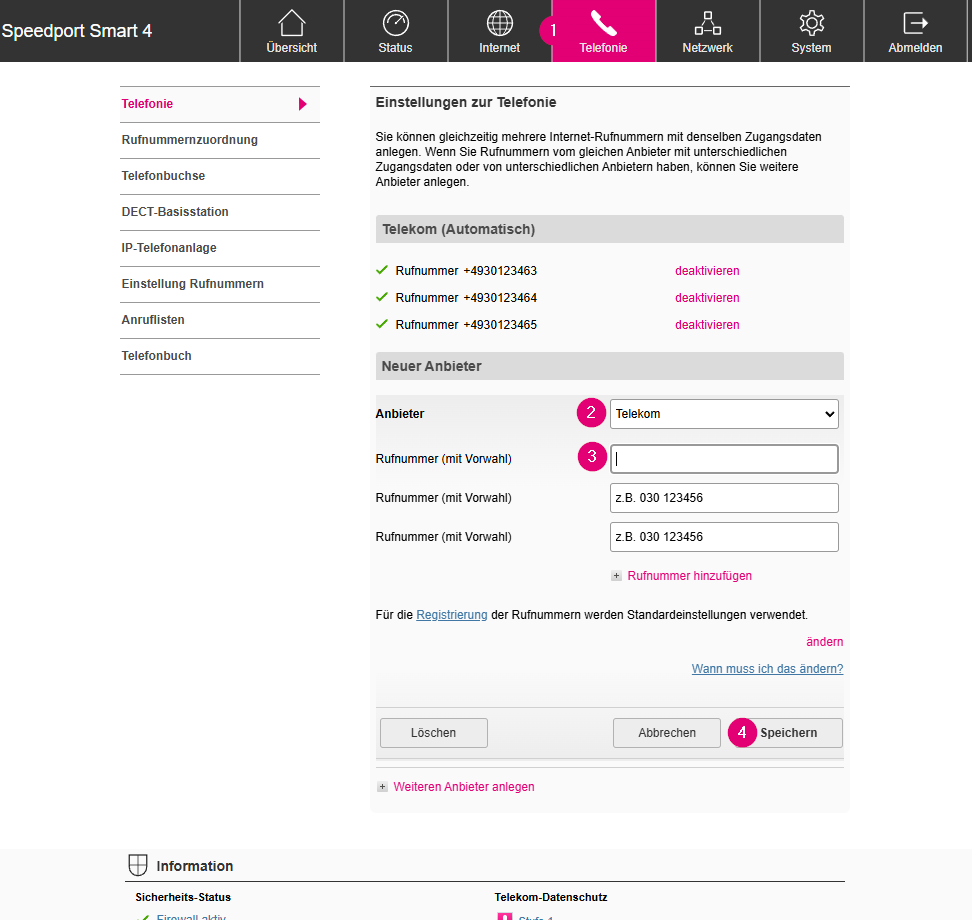Screenshot des Konfigurationsmenüs Speedport Smart 4 für Telefefonie-Einstellungen