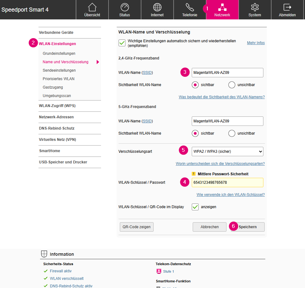 Screenshot des Konfigurationsmenüs Speedport Smart 4 für WLAN Einstellungen