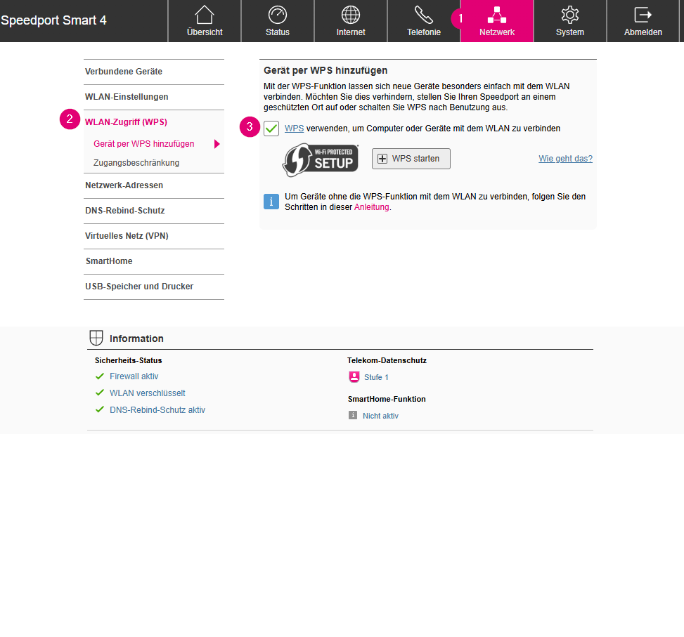 Screenshot des Konfigurationsmenüs Speedport Smart 4 für Einstellungen der Funktion WPS