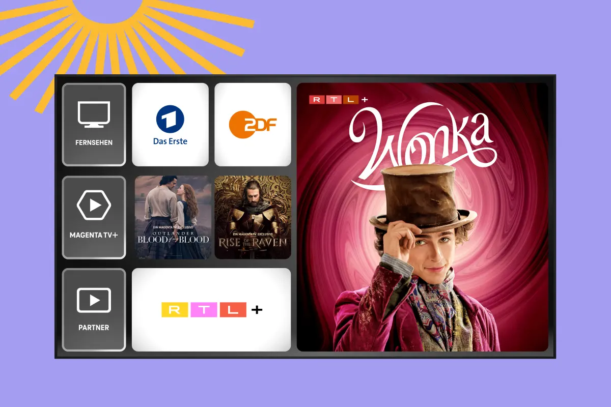 MagentaTV-Startseite mit TV-Sendern, Serien und dem Film ‚Wonka‘ auf RTL+