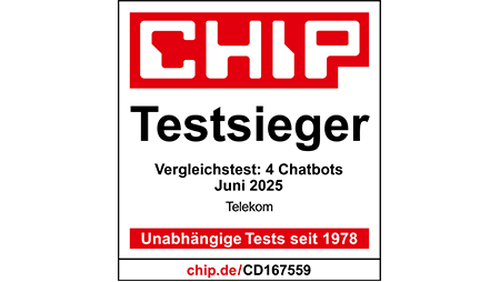 Testsiegel CHIP Testsieger, Vergleichstest: 4 Chatbots, Juni 2025, Telekom