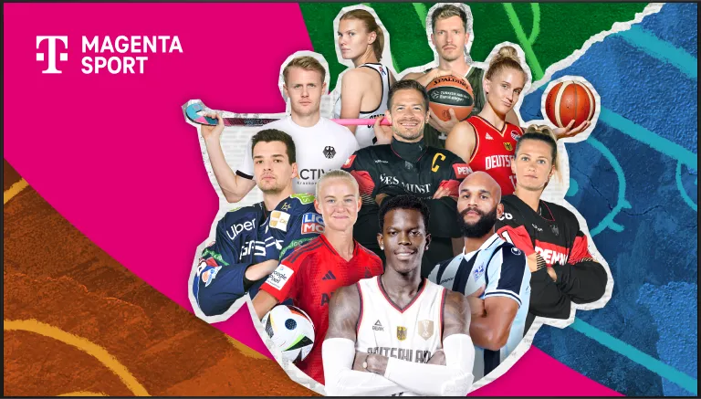 Verschiedene Sportler und Sportlerinnen auf einem bunten Patchwork-Hintergrund