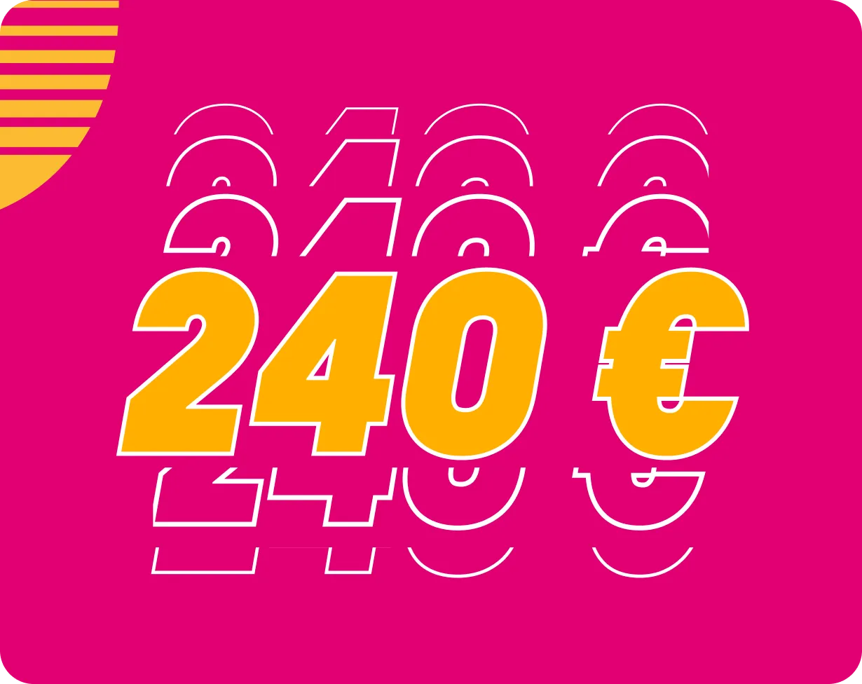 240 € Cashback-Grafik auf magentafarbenem Hintergrund.