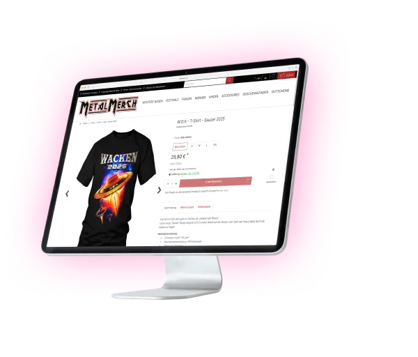 PC-Bildschirm auf dem die MetalMerch Seite geöffnet ist, zu sehen ist ein Wacken 2025 T-Shirt.