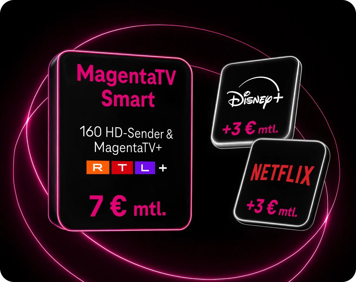 MagentaTV Smart für 7 € monatlich beinhaltet 160 HD-Sender, MagentaTV+ und RTL+. Optional zubuchbar: Netflix oder Disney+ für je 3 € monatlich. Darstellung in leuchtenden Kachel-Elementen auf dunklem Hintergrund.