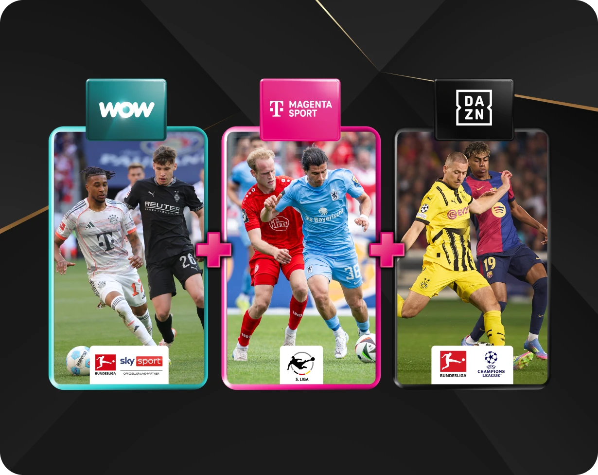 Drei Sportstreaming-Dienste in einem Paket: WOW Live-Sport mit Bundesliga-Spielszene, MagentaSport mit 3. Liga-Action und DAZN mit Champions League-Match. Logos von Bundesliga, UEFA Champions League und Spielszenen auf schwarzem Hintergrund.