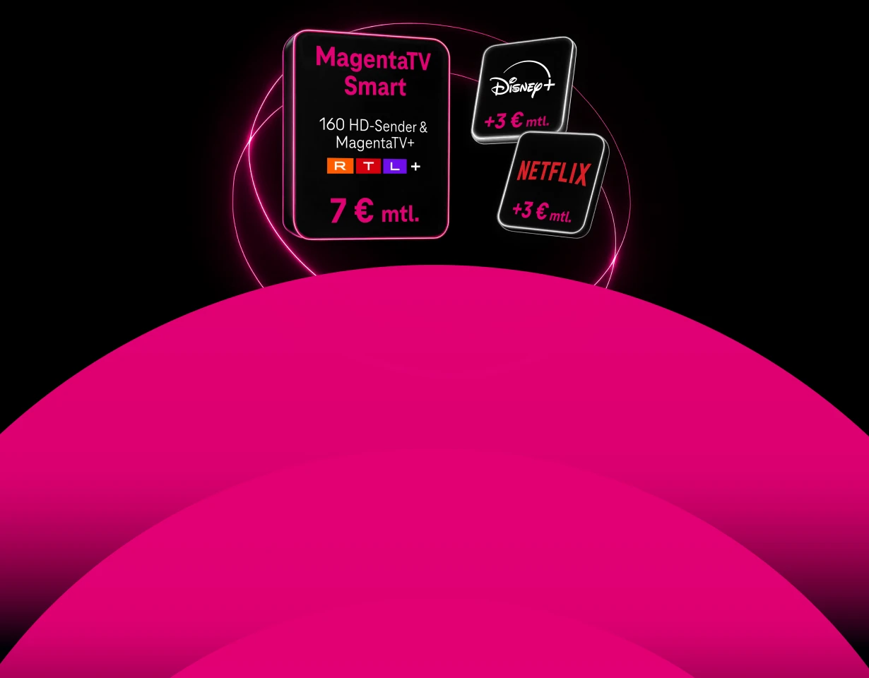 MagentaTV Smart für 7 € monatlich beinhaltet 160 HD-Sender, MagentaTV+ und RTL+. Optional zubuchbar: Netflix oder Disney+ für je 3 € monatlich. Darstellung in leuchtenden Kachel-Elementen auf dunklem Hintergrund.