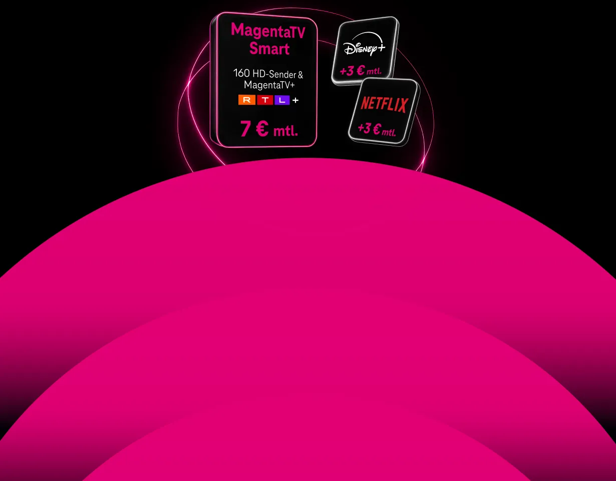 MagentaTV Smart für 7 € monatlich beinhaltet 160 HD-Sender, MagentaTV+ und RTL+. Optional zubuchbar: Netflix oder Disney+ für je 3 € monatlich. Darstellung in leuchtenden Kachel-Elementen auf dunklem Hintergrund.