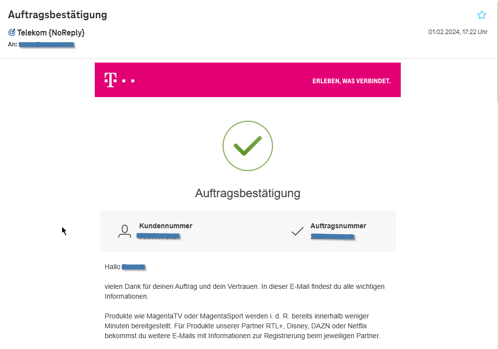 Screenshot der Auftragsbestätigung per E-Mail für MagentaTV ohne Telekom Internet