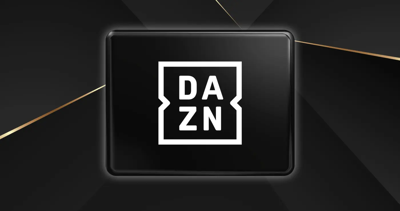 DAZN Logo auf einem schwarzen Hintergrund mit goldenen Akzenten.