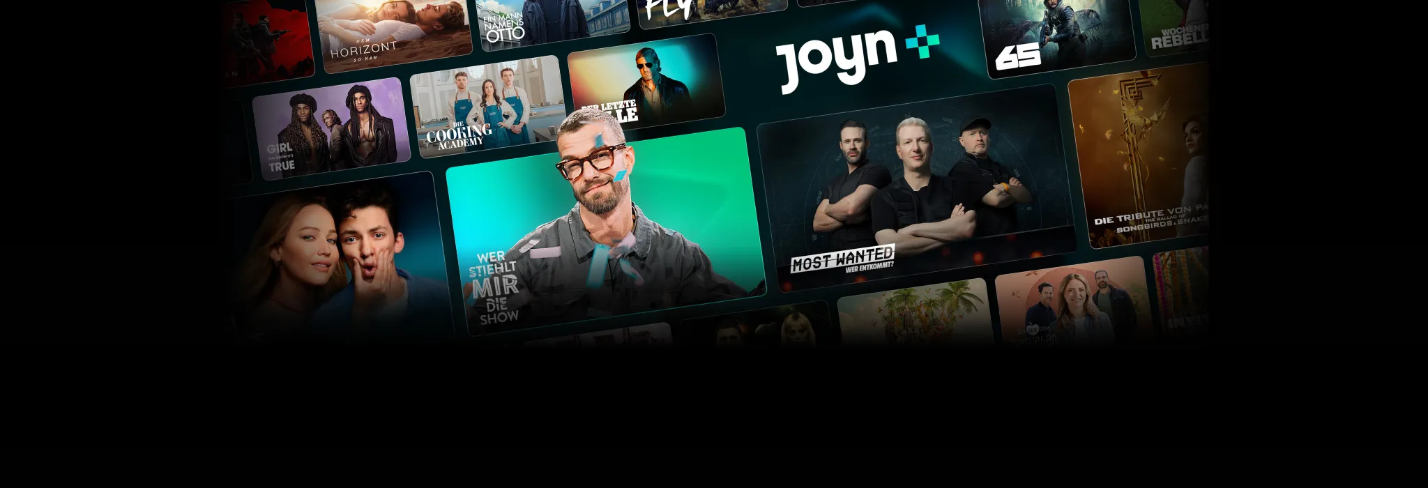 Collage aus Filmen und Serien bei Joyn+. Zu sehen ist unter anderem: Wer stiehlt mir die Show