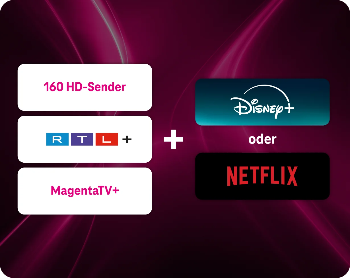 MagentaTV Smart für 7 € monatlich beinhaltet 160 HD-Sender, MagentaTV+ und RTL+. Optional zubuchbar: Netflix oder Disney+ für je 3 € monatlich. Darstellung in leuchtenden Kachel-Elementen auf dunklem Hintergrund.