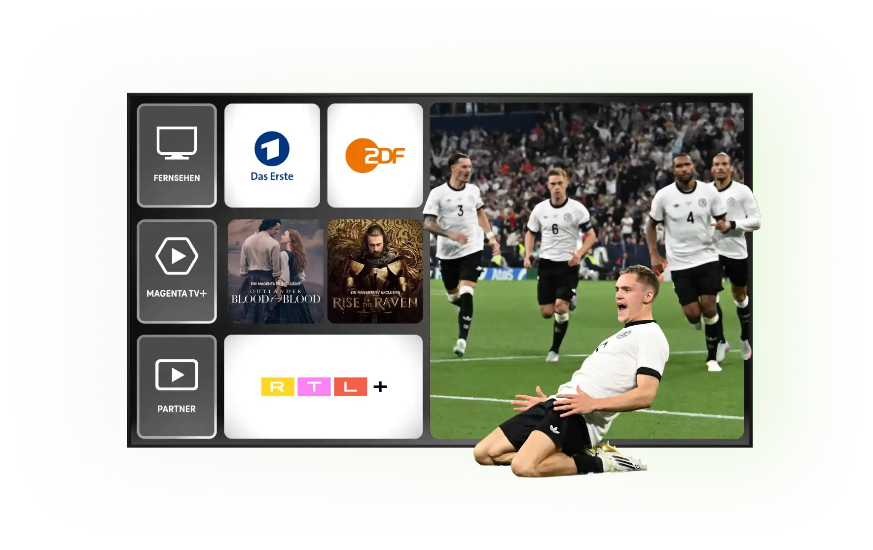 Bildschirm mit verschiedenen Kacheln, die MagentaTV Inhalte zeigen, darunter Live-TV, RTL+, und der Film 'Wonka'