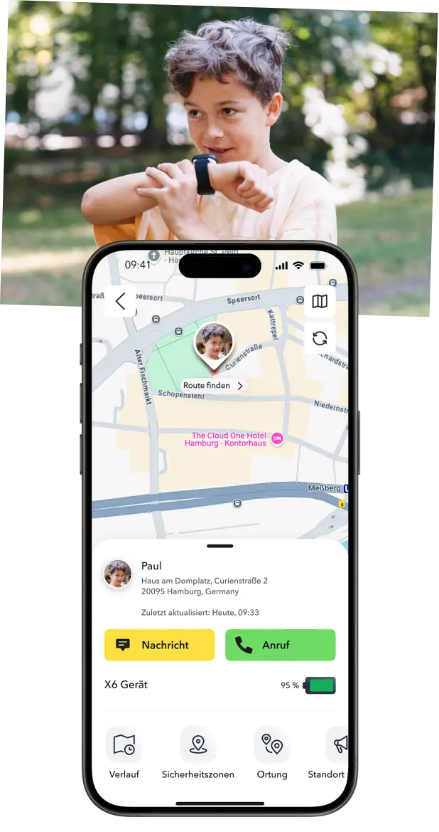Kartenansicht auf dem Smartphone vom GPS Standort eines Jungen 