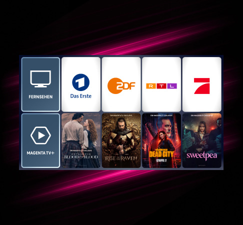 TV Benutzeroberfläche mit Kacheln für Fernsehen, Mediatheken, Partner und Serien-Highlights wie „Outlander“, „Rise of the Raven“ und weitere.