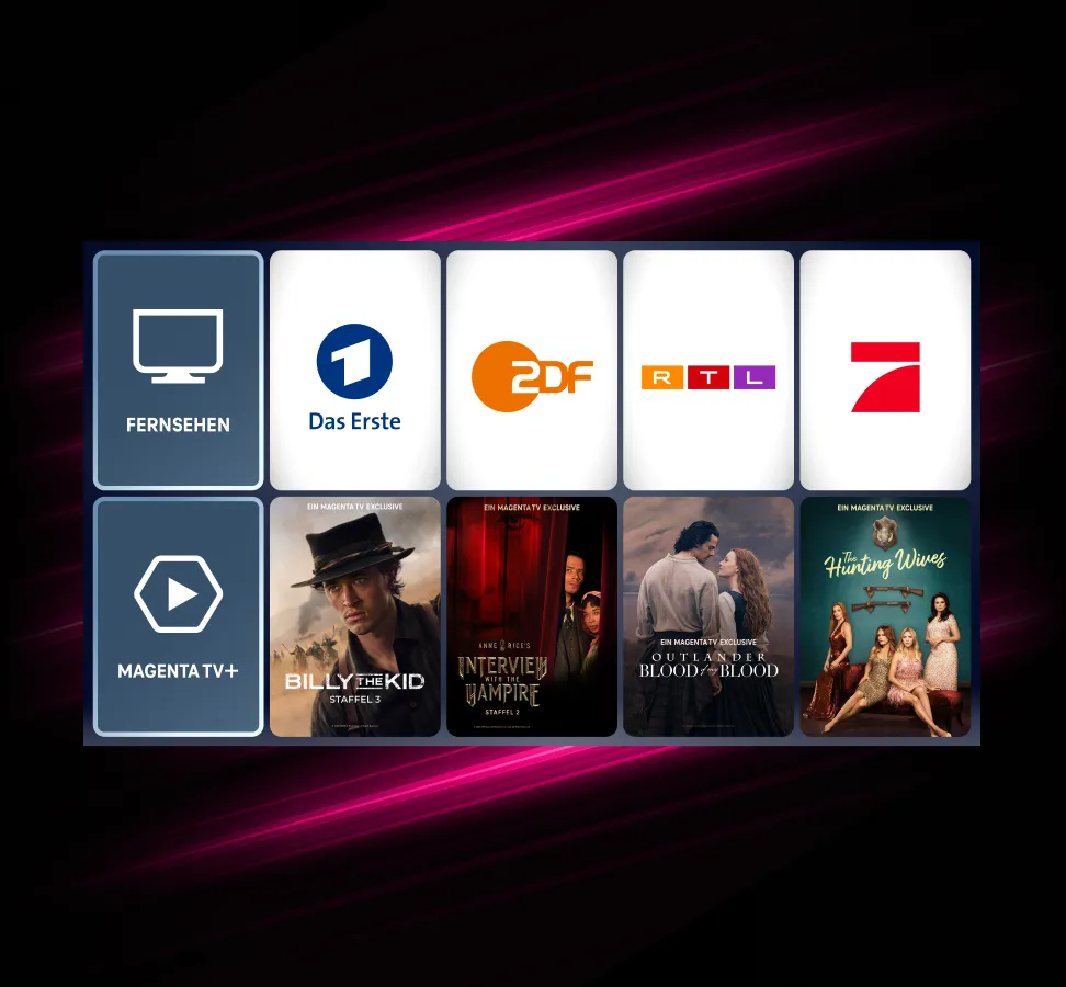 TV Benutzeroberfläche mit Kacheln für Fernsehen, Mediatheken, Partner und Serien-Highlights wie „The Walking Dead: Daryl Dixon“ und weitere.