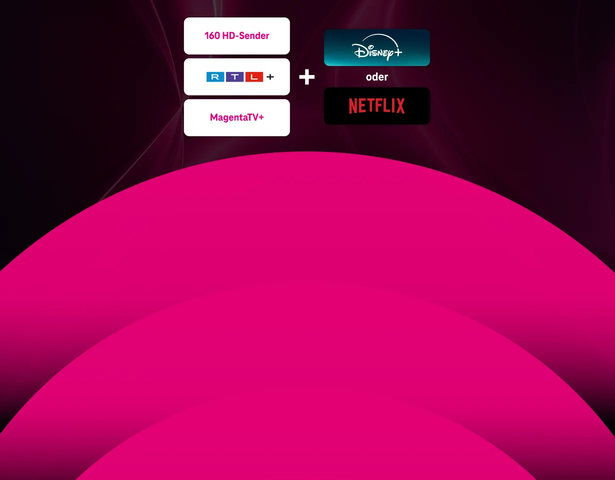 MagentaTV Smart für 7 € monatlich beinhaltet 160 HD-Sender, MagentaTV+ und RTL+. Optional zubuchbar: Netflix oder Disney+ für je 3 € monatlich. Darstellung in leuchtenden Kachel-Elementen auf dunklem Hintergrund.