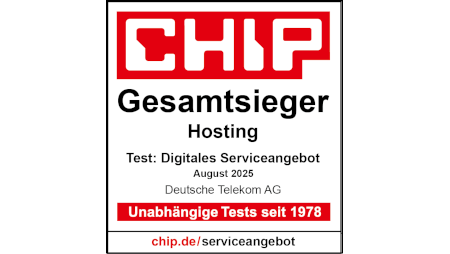 Testsiegel CHIP - Gesamtsieger Digitales Serviceangebot Hosting CHIP 08/2025, Telekom