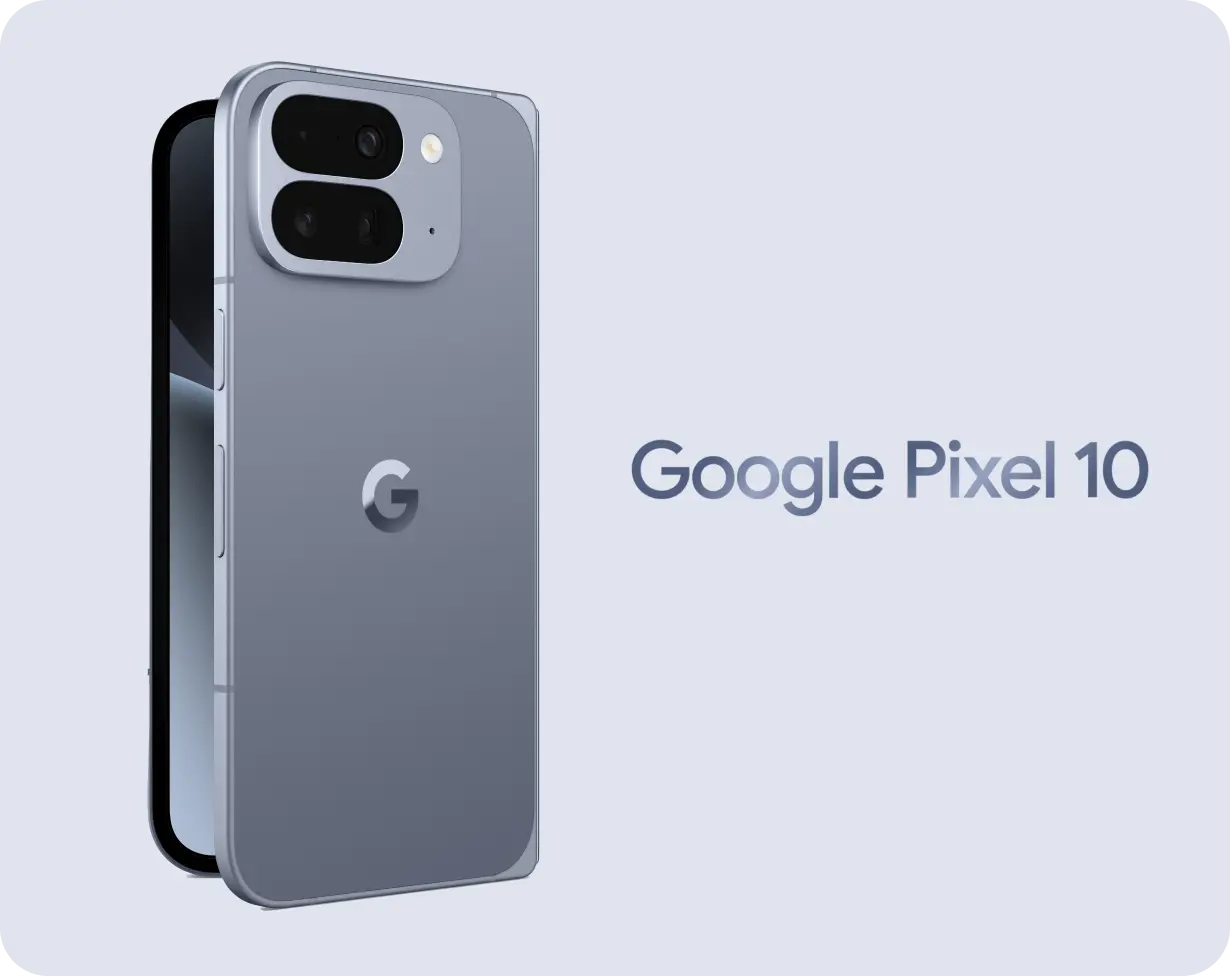 Google Pixel 10 in Grau, Rückansicht mit großem Kameramodul, Dual‑Kamera, Blitz, G‑Logo und seitlichen Tasten; Schriftzug „Google Pixel 10“ oben.