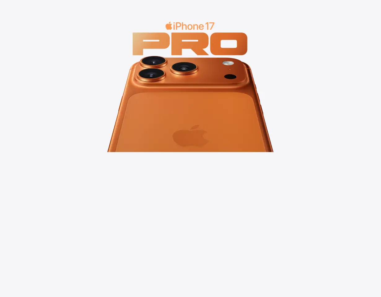 Phone 17 Pro in Orange; Rückseite mit drei Kameraobjektiven, großer Schriftzug „iPhone 17 Pro“ im Hintergrund