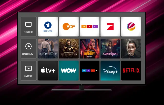 TV-Bildschirm mit verschiedenen TV-Programmen und Sendern, einschließlich 'Das Erste', 'ZDF' und 'RTL+' sowie Serienangebote.
