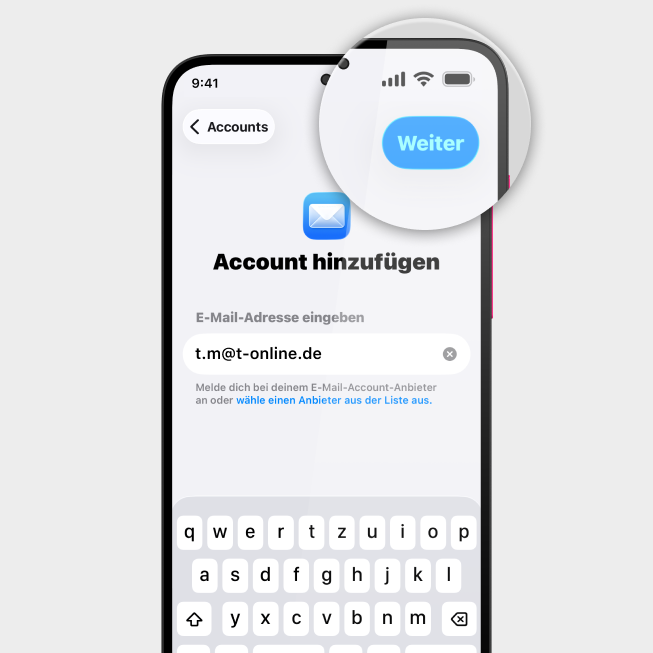 Screenshot iPhone mit Fokus auf Eingabefeld und Button Weiter