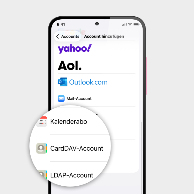 Screenshot iPhone mit Fokus auf Icon CardDAV-Account
