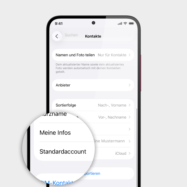 Screenshot iPhone mit Fokus auf Feld Standardaccount