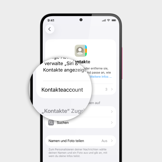 Screenshot iPhone mit Fokus auf Feld Kontakteaccount