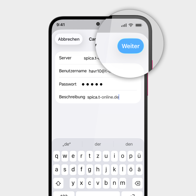 Screenshot vom iPhone mit Fokus auf Button Weiter